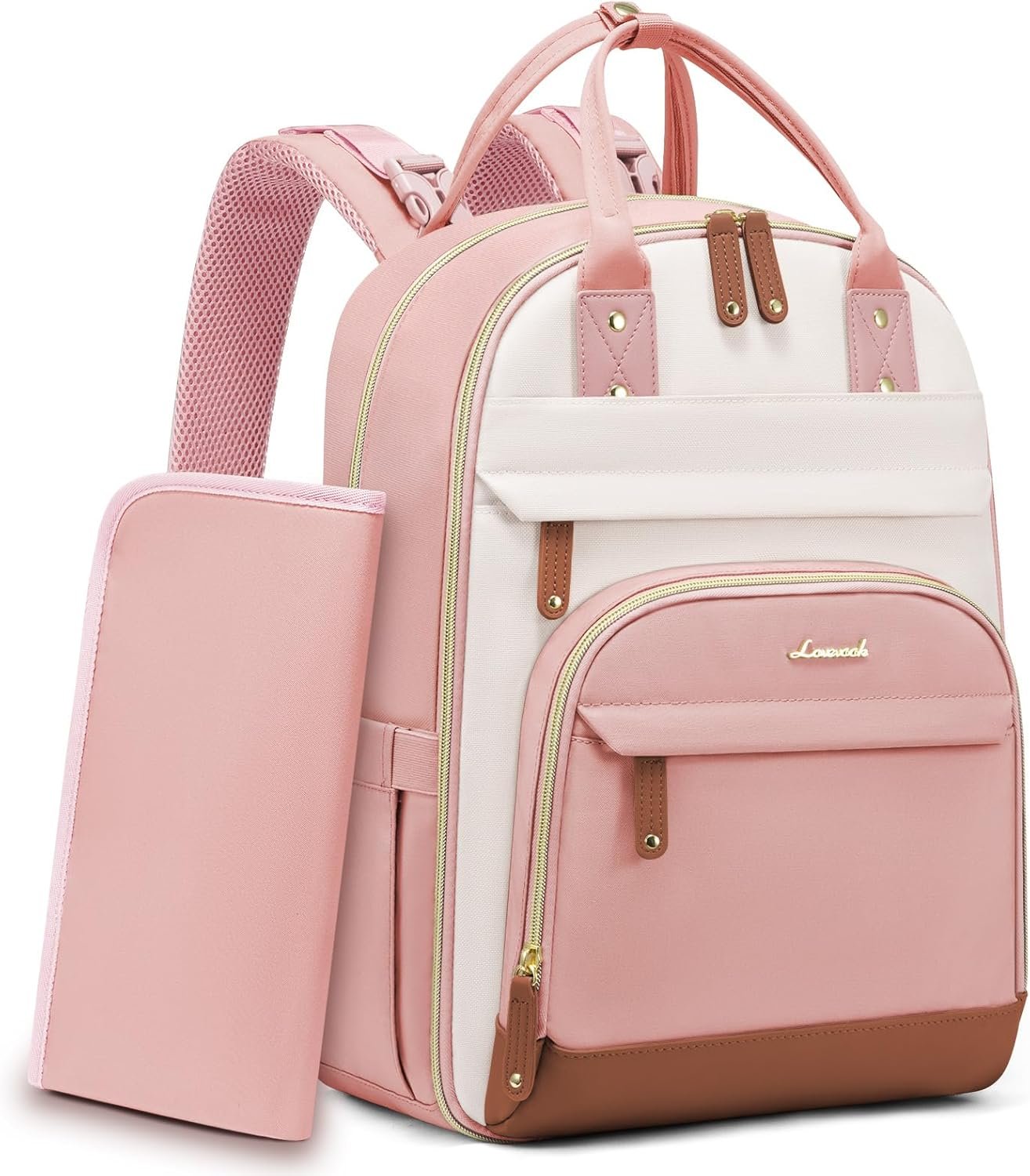 LOVEVOOK Diaper Bag Backpack, Baby Bag with Changing Pad, Large Diaper Backpack Boy Girl, Waterproof Baby Registry Bag for Mom Dad with Stroller Buckles, Pink-beige-brown
